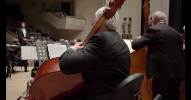 Група музикантів, які грають на різних інструментах під керівництвом диригента. — стокове відео
