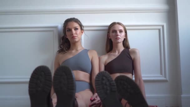 Zwei Mädchen posieren in ihrer Unterwäsche — Stockvideo