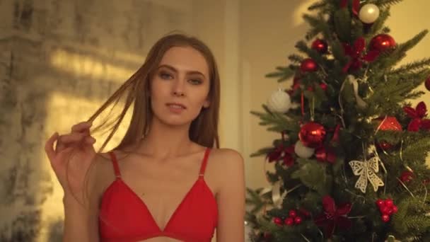 Una ragazza in biancheria intima rossa posa sullo sfondo di un albero di Natale — Video Stock