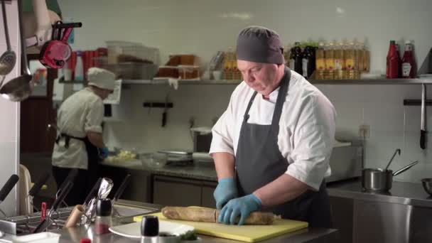 O cozinheiro corta o pão de carne na placa — Vídeo de Stock