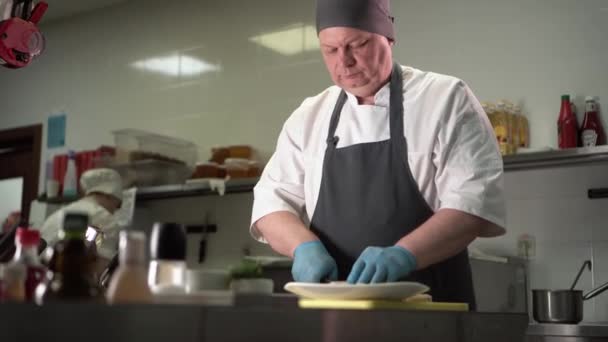 O cozinheiro corta o pão de carne na placa — Vídeo de Stock