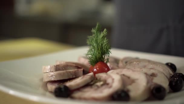 Kant-en-klaar bord met voedsel in de handen van de povor — Stockvideo