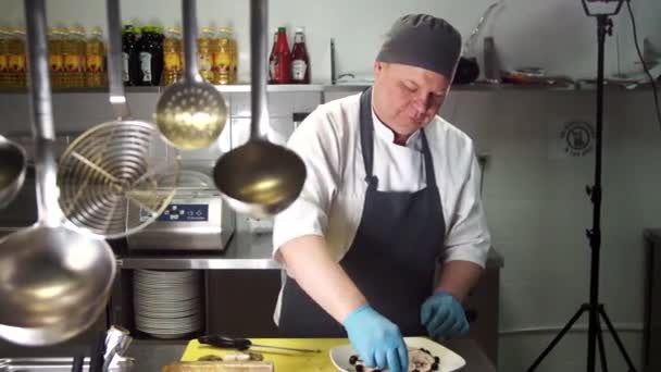 Cocinar decorado el plato con rebanadas de carne — Vídeos de Stock