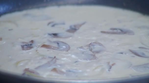 Os cogumelos com a nata cozinham-se em uma panela de ato de fritar — Vídeo de Stock