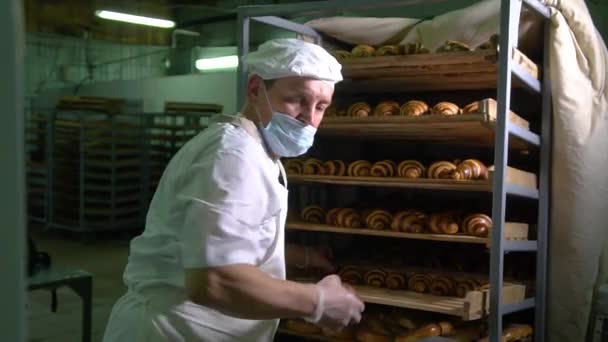 Il panettiere mette i croissant finiti su un nastro trasportatore — Video Stock