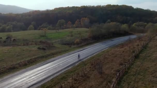 Deportes turista-un hombre de carreras en su bicicleta de montaña fresco al atardecer. — Vídeos de Stock