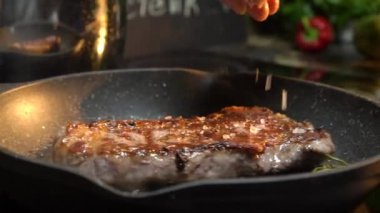 Professional cook sprinkles delicious meat slice with spices