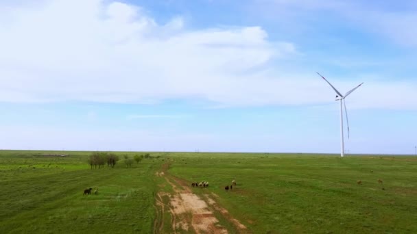 Large wind turbines with blades in the field of view from a birds-eye view — Stock videók