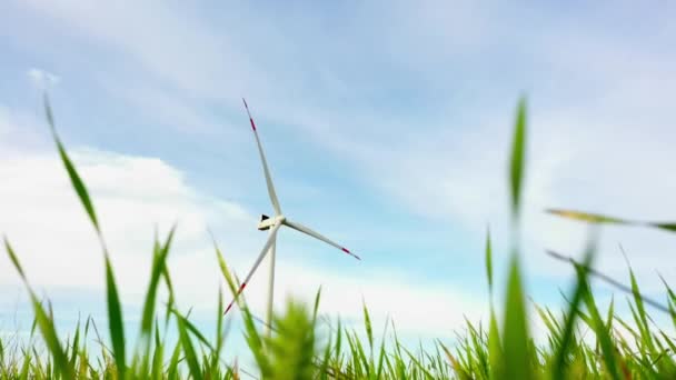 A rotating wind turbine on a green field .Alternative natural energy sources. — Stock videók