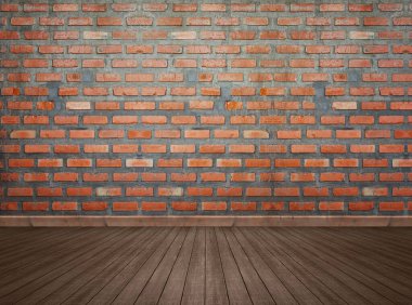 Eski kırmızı tuğla duvar ve ahşap zemin panoramik zemin
