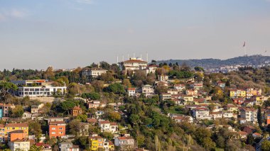 İstanbul 'un panoramik manzarası Sultan Ahmed Camii' ni yemyeşil bir tepenin arkasında birden fazla minareyle gösteriyor. Bu görüntü Türk mimarisi, kentsel yoğunluk, kültür mirası ve açık mavi gökyüzü altında seyahat cazibesini vurguluyor.