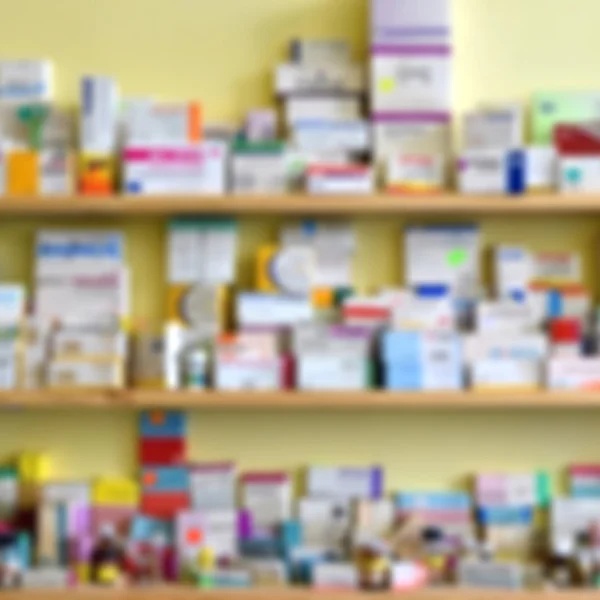 Drugs in the pharmacy. Shelves stocks in the warehouse of drugs. Blurred background.