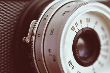 Rus eski analog fotoğraf makinesi. Eski retro fotoğraf. Ayrıntı.