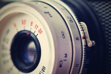 Rus eski analog fotoğraf makinesi. Eski retro fotoğraf. Ayrıntı.