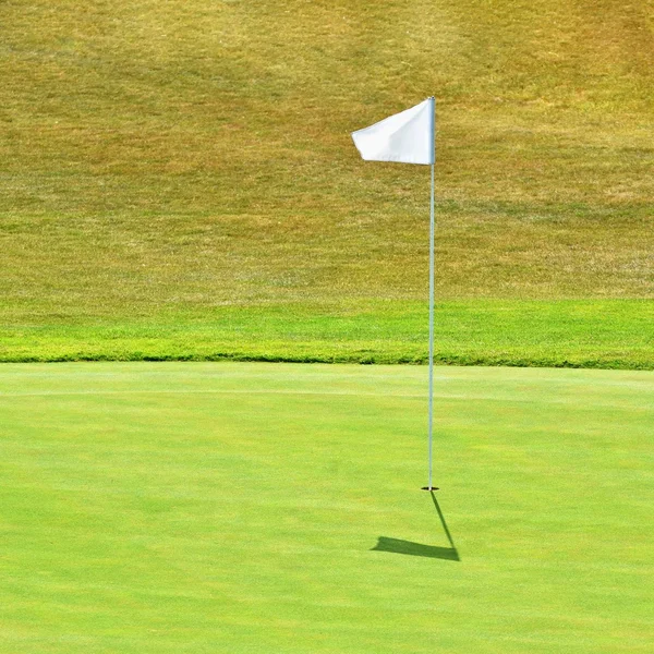 Ωραίο γήπεδο γκολφ σε μια ηλιόλουστη καλοκαιρινή μέρα. Τρύπα με μια σημαία. Δημοφιλή υπαίθρια αθλήματα. — Φωτογραφία Αρχείου