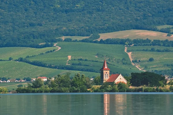 L'isola con la vecchia chiesa in mezzo al lago. Paesaggio sotto Palava. Repubblica ceca Regione vinicola della Moravia meridionale. Serbatoio dell'acqua - Nuovi mulini - Pasohlavky . — Foto Stock