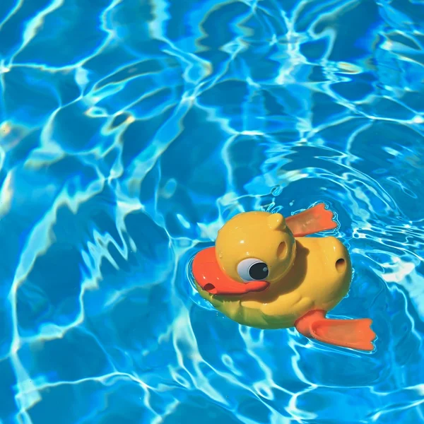 Жовта гумова качка в басейні. Літній фон для подорожей та відпочинку . — стокове фото