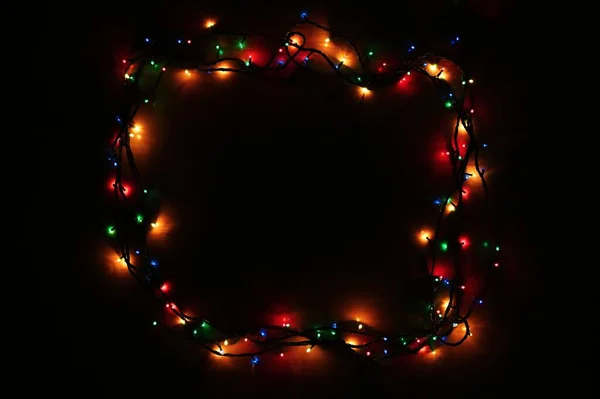 Luces Navidad Sobre Fondo Negro Con Espacio Para Copiar Superficie — Foto de Stock