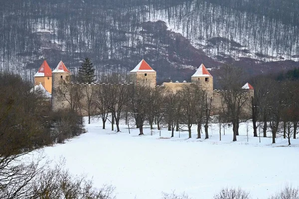 Vinterlandskap Med Ett Vackert Gotiskt Slott Veveri Brno Stad Tjeckien — Stockfoto