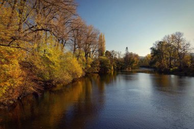 Nehirli ve batan güneşli sonbahar manzarası. Doğa ve sonbahar zamanı kavramı