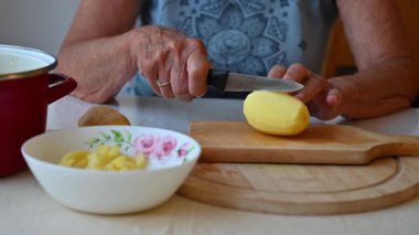 Mutfakta sebze doğrayan ve hazırlayan bir kadın. Yemek ve yemek hazırlama kavramı.