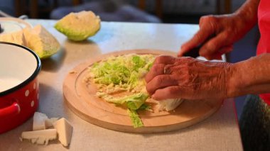 Mutfakta sebze doğrayan ve hazırlayan bir kadın. Yemek ve yemek hazırlama kavramı.