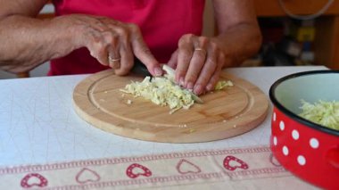 Mutfakta sebze doğrayan ve hazırlayan bir kadın. Yemek ve yemek hazırlama kavramı.