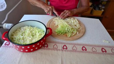 Mutfakta sebze doğrayan ve hazırlayan bir kadın. Yemek ve yemek hazırlama kavramı.