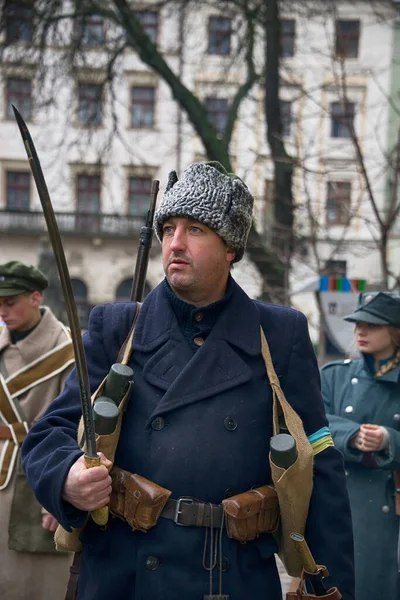 Lviv Ukraina Februari 2020 Militär Historisk Återuppbyggnad Novemberrevolutionen Porträtt Soldat — Stockfoto