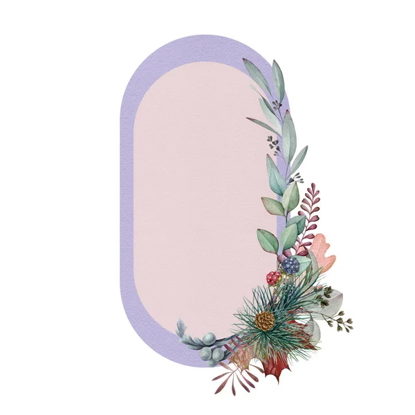 Cornice ovale invernale floreale con sfondo rosa e lilla. Decorazione ad acquerello disegnata a mano con fiori e bacche della foresta naturale: eucalipto, pino, mora, foglie secche su sfondo bianco — Foto Stock