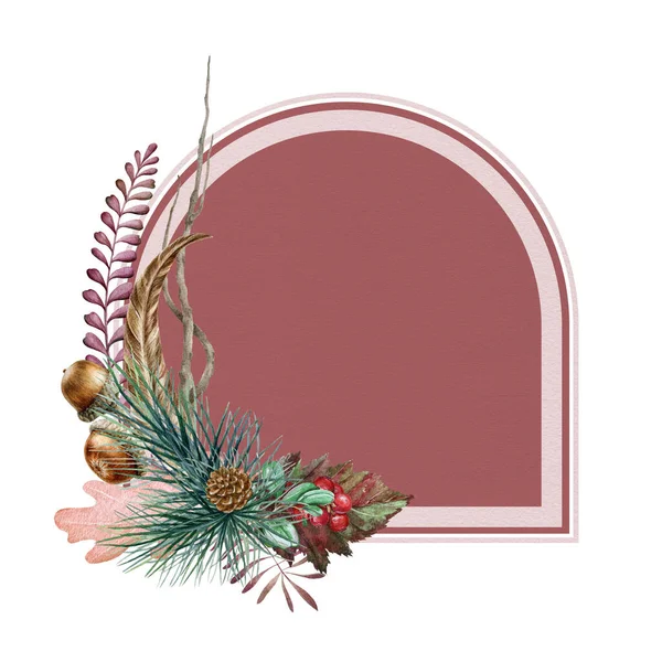 Suluboya kağıt desenli çiçek kış düzenlemesi. Doğal orman elementleriyle el çizimi mevsimlik çerçeve dekorasyonu: çam, meşe palamudu, kırmızı böğürtlen, külah, beyaz arka planda eğreltiotu — Stok fotoğraf