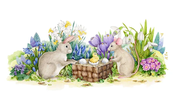 Lapin et souris de Pâques avec un poussin et des œufs dans le panier illustration aquarelle. Image festive dessinée à la main avec des fleurs de printemps. Doux voeux de vacances ou carte de célébration photo. — Photo