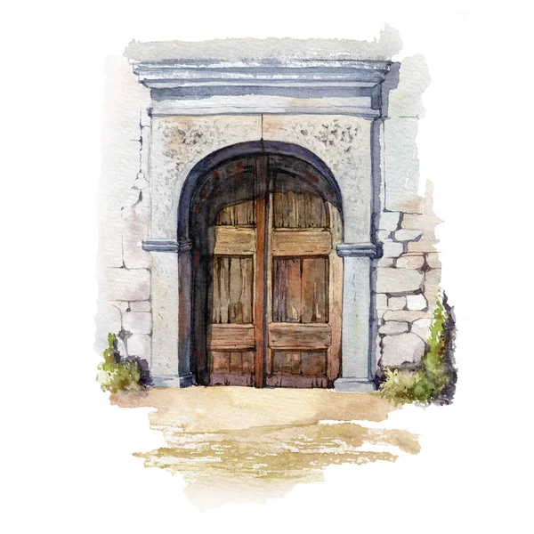 고풍 스러운 나무 문 물감이 미지. 돌집에 있는 오래 된 소박 한 입구에요. 건축은 실제적 인 예이다. 하얀 배경에 금속 설화가 새겨져 있는 고대 목재녹슨 문 — 스톡 사진