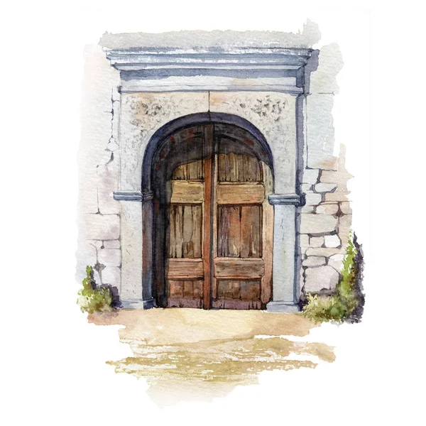 Porta de madeira vintage imagem aquarela. Entrada rústica velha em casa de pedra. Arquitetura detalhe envelhecido ilustração realista. Porta enferrujada de madeira antiga com detalhes de metal no fundo branco — Fotografia de Stock