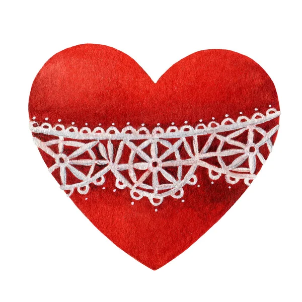 Vintage stijl rood hart met kant. Rood romantisch hartbeeld voor Valentijnsdag en bruiloften op witte achtergrond. Hand getekend retro stijl decoratief element aquarel illustratie. — Stockfoto