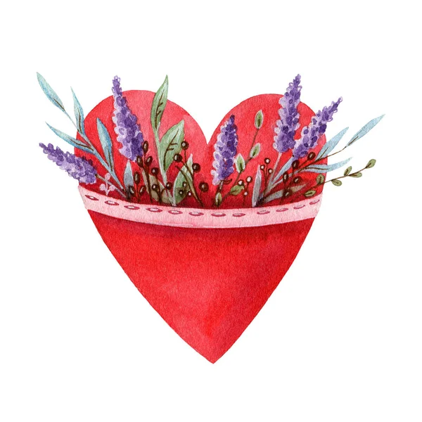 Vintage stijl rood hart met lavendel bloemen en bladeren. Rood romantisch hart voor Valentijnsdag en bruiloften op witte achtergrond. Hand getekend retro stijl decoratief element aquarel illustratie. — Stockfoto