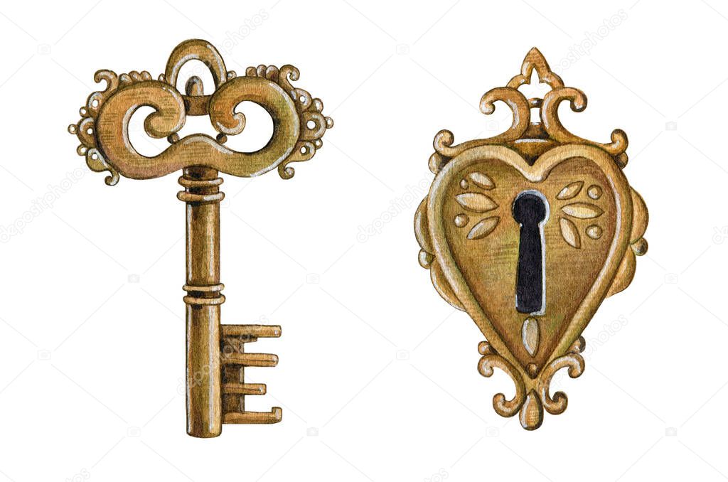 Vintage metal key and keyhole watercolor elements. Close up realistic retro golden safe objects. Old door elements on white background. Antique rusty ornamental key and keyhole illustration.