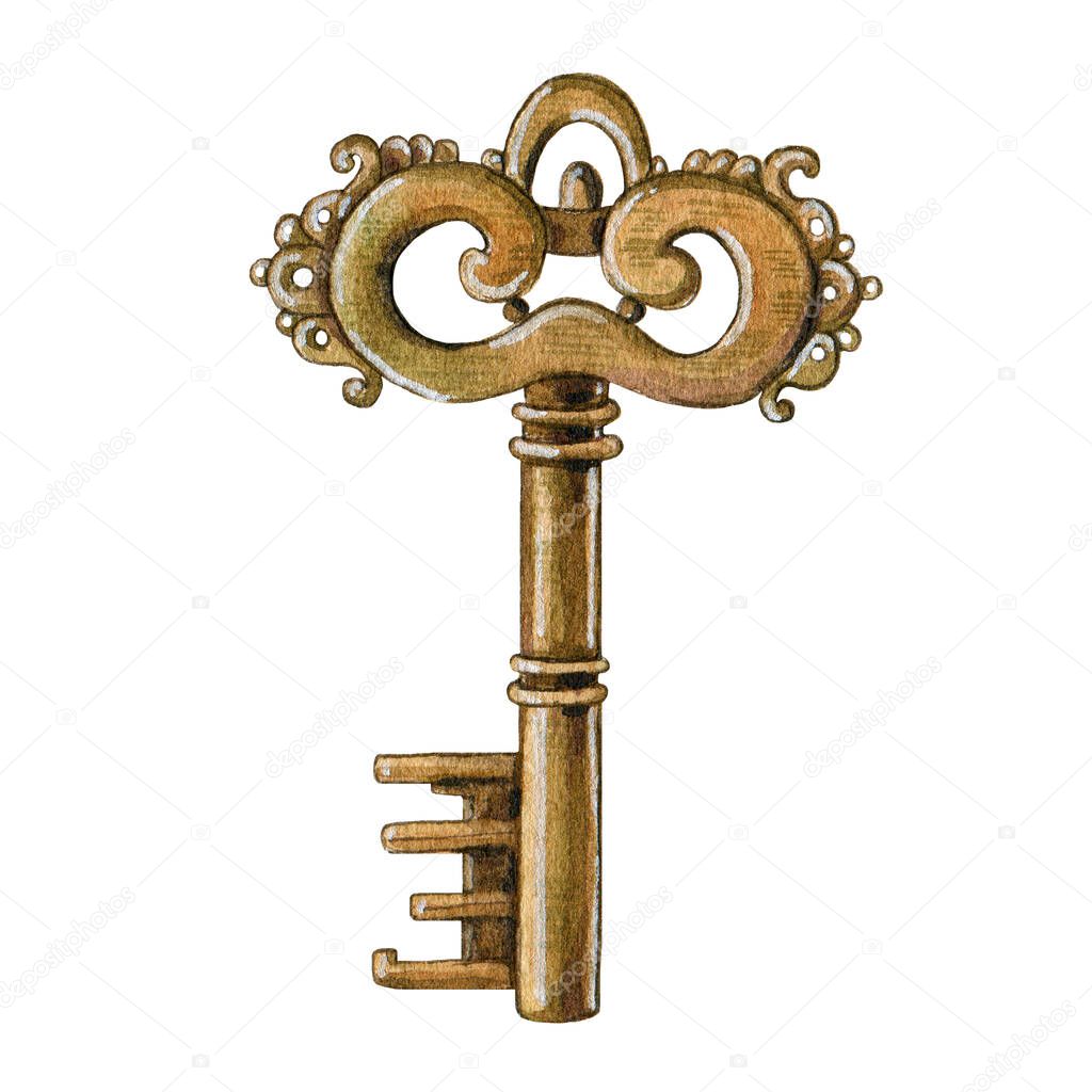 Vintage metal key watercolor element. Close up realistic retro golden safe single object. Old door bronze element on white background. Antique rusty ornamental key illustration.