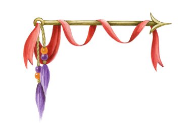 Kırmızı kurdeleli parlak ok ve boncuklu kolye. Köşedeki dekoratif öğe. El çizimi, retro desenli altın ok. Beyaz arkaplanda izole.