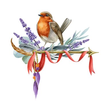 Boho tarzı çiçek aranjmanlı Robin Bird. Suluboya resimli el romantik kırsal dekor kuşu, lavanta çiçekleri, okaliptüs yaprakları çizdi. Çiçekli yeşillikli orman kuşu.
