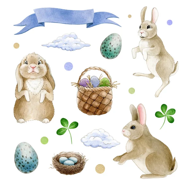 Funny bunny easter watercolor set. Cute cartoon animals with basket, painted eggs, nest, clouds collection. Spring season elements on white background. Decorative hand drawn Easter farm rustic set. — Φωτογραφία Αρχείου