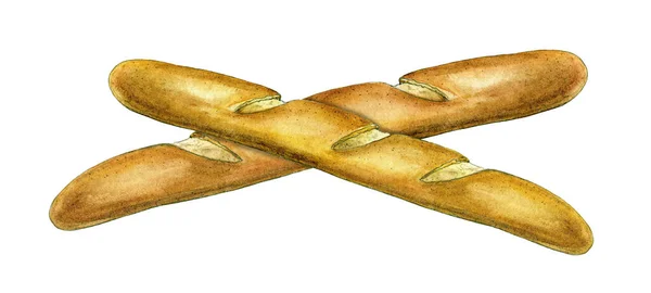Baguette ψωμί ακουαρέλα εικονογράφηση. Χέρι που το πρωί πρωινό νόστιμο αρτοποιείο. Μαζεμένο ομαδικό στοιχείο ψωμιού μπαγκέτας. Παραδοσιακή γαλλική ζύμη σε λευκό φόντο. Ψημένο νόστιμο φαγητό σιτηρών — Φωτογραφία Αρχείου
