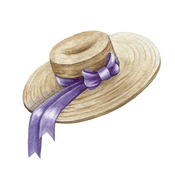 연지 색 물감 요소 이미지. 손에 라벤더 리본이 달린 우아 한 머리 모자를 그렸다. 여름의 밀짚 여성 모자. 하얀 배경에서 우아 한 머리를 보호하는 태양 — 스톡 사진
