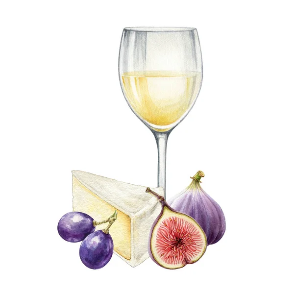 Wine glass and fruit watercolor illustration. Tasty gastronomy snack with white wine, cheese, grape berries, fig. Fresh alcohol appetizer. Sauvignon, chadonnay drink with fresh fruit and soft cheese