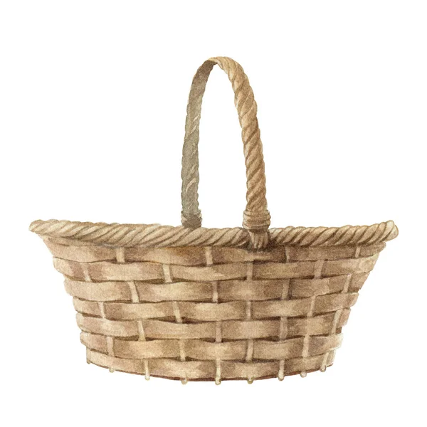 Wicker basket watercolor illustration. Hand drawn picnic container empty element. Vintage hamper image. Rustic vintage straw basket with handle Isolated on white background. — Stock Photo, Image
