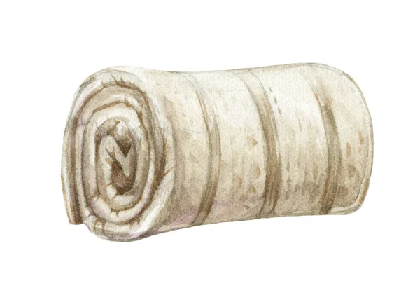 Rolldecke Aquarell Illustration. Gemütliches gefaltetes Textilbezugselement. Woll- oder Baumwollteppich zum Schlafen oder Mittagsschlaf. Beige gefaltete Decke mit Streifen auf weißem Hintergrund — Stockfoto