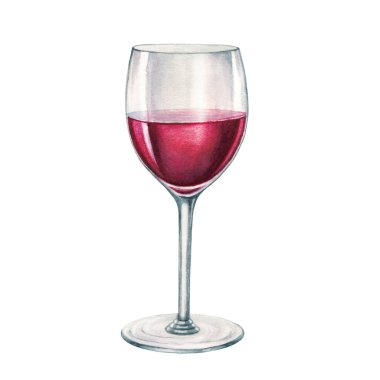 Kırmızı şarap kadehi suluboya çizimi. El yapımı gerçekçi alkollü içecek elementi. Cabernet, Merlot ve beyaz arka planda Chianti şarabı ile kristal berrak cam. Lezzetli alkollü üzüm suyu.