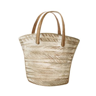 Hasır yaz çantası suluboya elementi. Beyaz arka planda el çizimi plaj boş el çantası. Doğal malzemelerin yaşam tarzı paketi. Piknik çantası çizimi. Rahatlama yaz ekipmanları görüntüsü