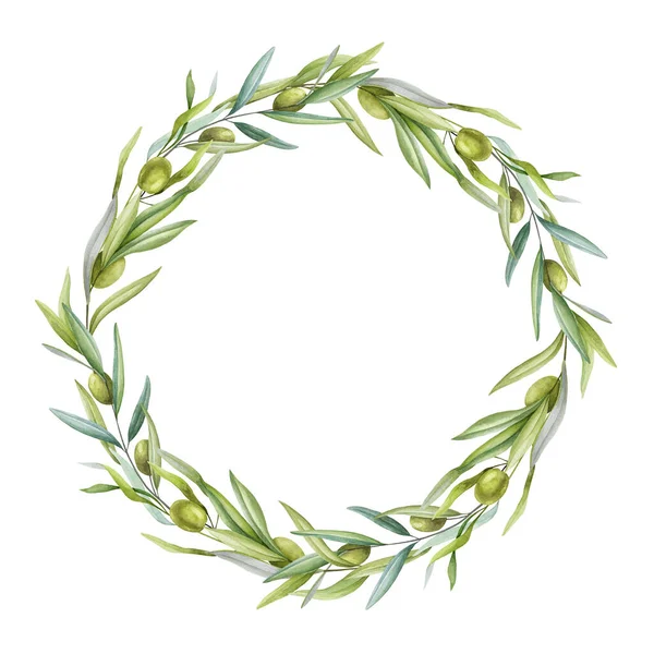 Olivolja gren och lämnar krans akvarell bild. Ekologisk medelhavsväxt på nära håll inredning. Botaniska blommiga realistiska olivblad och frukt dekorativa runda. Handritad elegant naturlig vinranka krans — Stockfoto