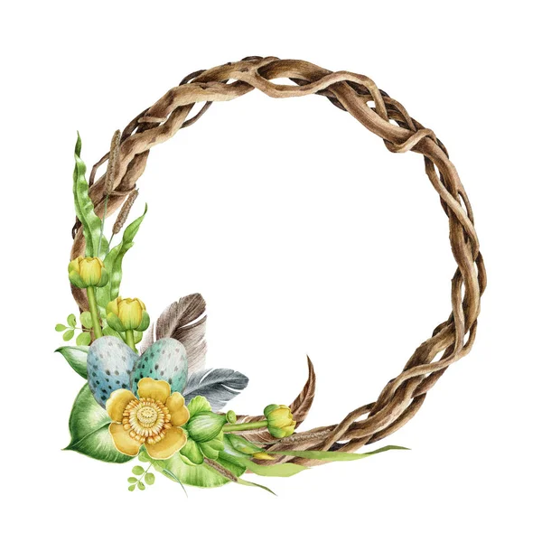 Floral easter wreath watercolor illustration. Hand drawn vine wreath from river side flowers, eggs. Yellow lily blossom, feather, tree branch, grass spikelet round decoration on white background — Stock Photo, Image